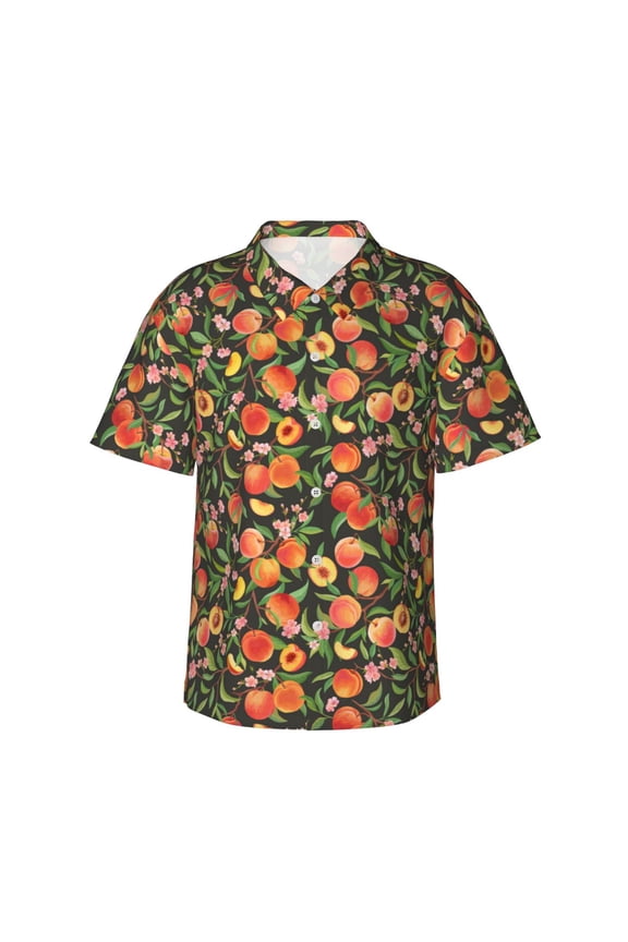 Fruits Peach Print Mens Hawaiian Shirts,Loose-Fit Short Sleeve Button Down Tropical Aloha Beach Shirt,Summer Vacation Wedding Tops,Medium