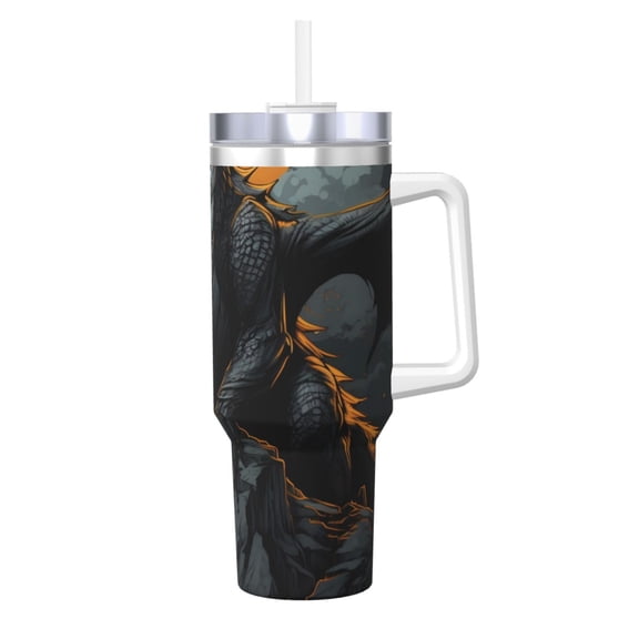 Logiee Full Moon Black Dragon Print 40OZ Ice Bully Cup with Handle and Straw, Double Wall Stainless Steel Tumbler,Travel Coffee Cup with Lid, Summer Insulation and Cooling Cup