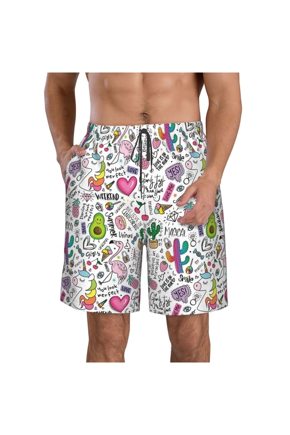Fun Animal with Unicorn Print Mens Swim Trunks Quick Dry Board Shorts,Breathable Hawaii Beach Shorts Swimwear Bathing Suits-3X-Large
