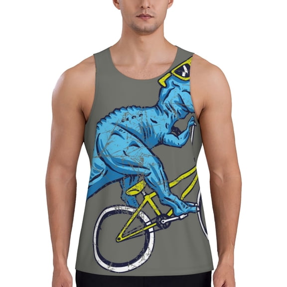 Logiee Fun Riding Dinosaur Print Men's Workout Tank Top,Quick Dry Workout Tank Top,Gym Muscle Tee,Fitness Bodybuilding Sleeveless T Shirt-X-Large