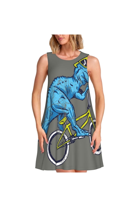 Fun Riding Dinosaur Print Summer Dresses for Women,Beach Sleeveless Flowy Pocket Tshirt Tank Sundresses,Women's Sleeveless Dress
