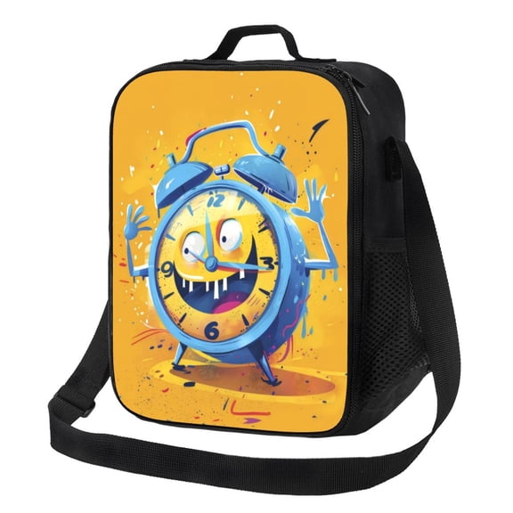 Logiee Funny Alarm Clock Illustration Print Insulated Lunch Bag for Women/Men, Reusable Lunch Box for Office Work School Picnic Beach,Leakproof Freezable Cooler Bag with Shoulder Strap