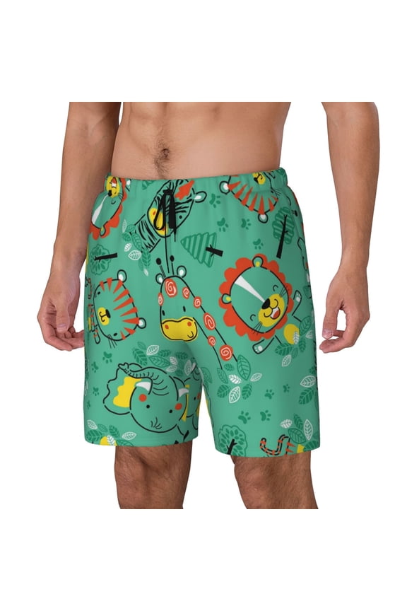 Funny Animals in Jungle Print Men's Swim Trunk,Quick Dry Board Shorts ,Men's Swim Trunks with Compression Liner, Bathing Suits with Pockets-XX-Large