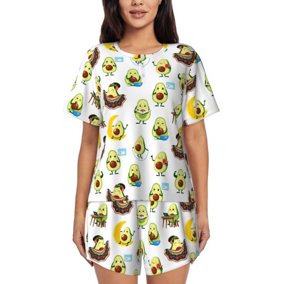 Logiee Funny Avocado In Mexican Clothes Print Womens Pajamas Set,Short-Sleeve Pajama 2 Piece Sleepwear with Pockets-Medium