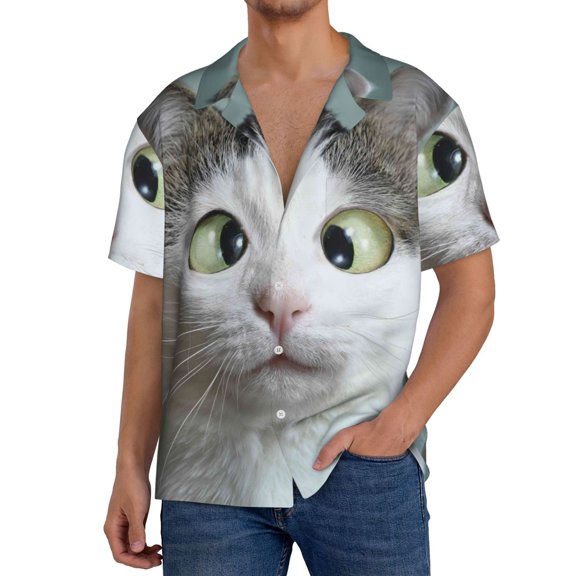 Logiee Funny Cat Print Men's Button Down Shirts Short Sleeve, Summer Beach Shirts,Vacation Wedding Shirts,Men's Casual Button-Down Shirts with Pocket-Medium