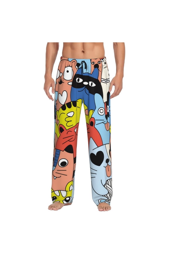 Funny Cats Print Pajama Pants for Men,Men’s Pajama Bottoms,Mens PJ Pants with Pockets & Button Fly-Small