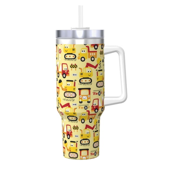 Logiee Funny Construction Vehicles Print 40OZ Ice Bully Cup with Handle and Straw, Double Wall Stainless Steel Tumbler,Travel Coffee Cup with Lid, Summer Insulation and Cooling Cup