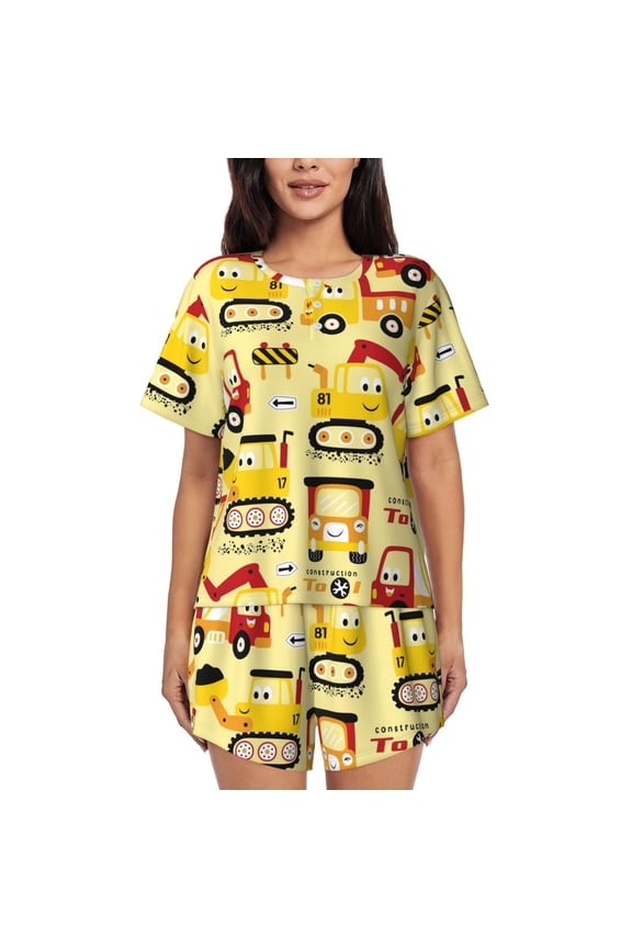 Funny Construction Vehicles Print Womens Pajamas Set,Short-Sleeve Pajama 2 Piece Sleepwear with Pockets-Medium