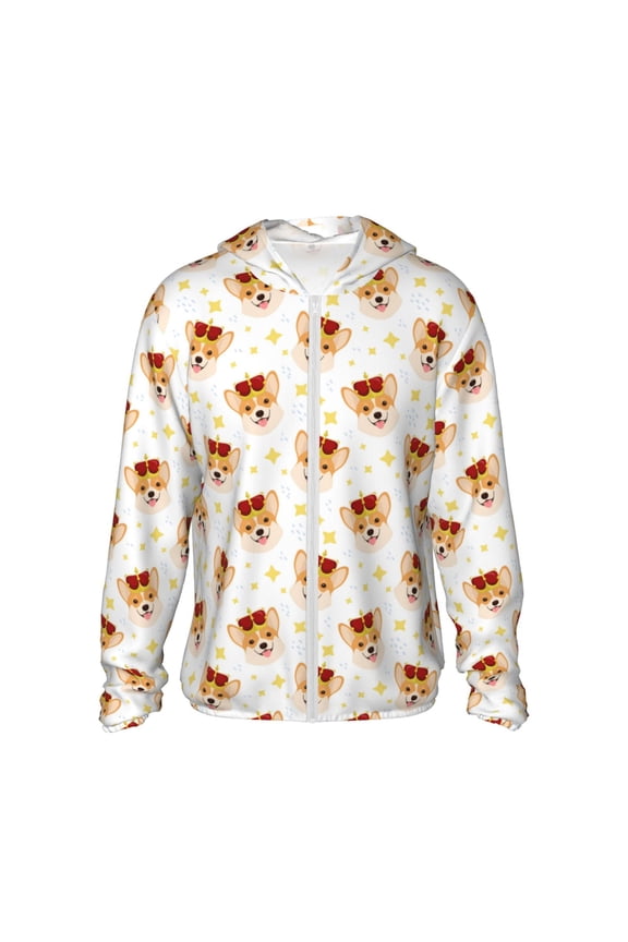 Funny Corgi Print Men's Women Light Jacket Full Zip Sun Protection Hoodie Long Sleeve Sun Shirts for Men Hiking Fishing Zip Pockets-X-Large