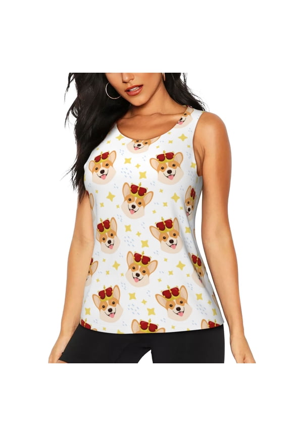 Funny Corgi Print Women's Workout Tank Top, Dry Fit Summer Tank Top,Gym Yoga Workout Sports Tee,Sleeveless Athletic Shirts-Medium