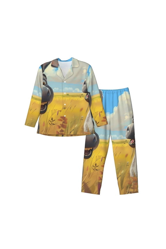 Funny Countryside Donkey Print Mens Long Sleeve Pajama Set,Notched Collar Pajamas for Men, Men's Sleepwear,Mens Sleepwear with Pockets & Button Down-Medium