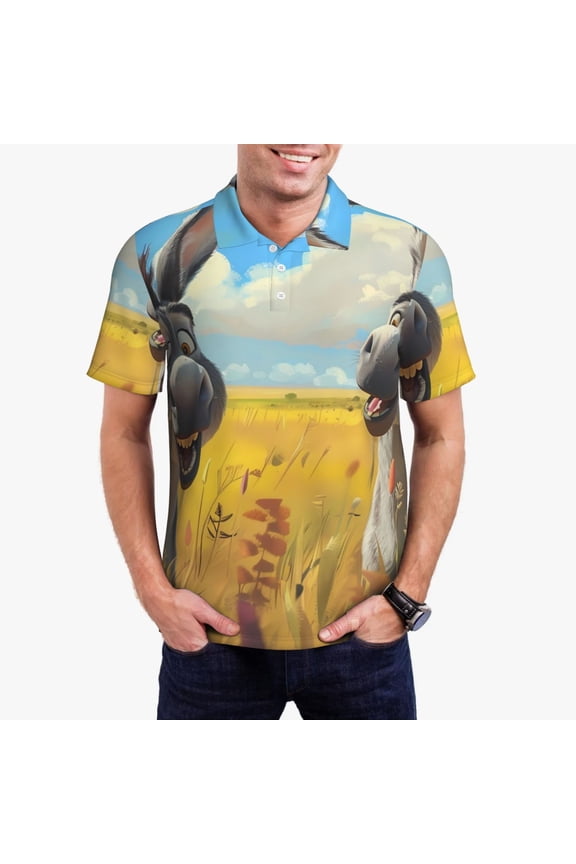 Funny Countryside Donkey Print Mens Polo Shirts,Mens Golf Polo Shirts,Short Sleeve Casual Polo Shirts for Men,Summer Fashion Beach Shirts-Small