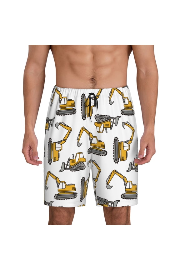 Funny Excavator Print Men's Pajama Shorts with Drawstring & Pockets,Sleep Shorts for Men,Sleepwear Bottoms,Elastic Waistband Loungewear-Small