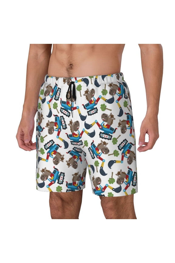 Funny Excavator Print Men's Swim Trunk,Quick Dry Board Shorts ,Men's Swim Trunks with Compression Liner, Bathing Suits with Pockets-Medium