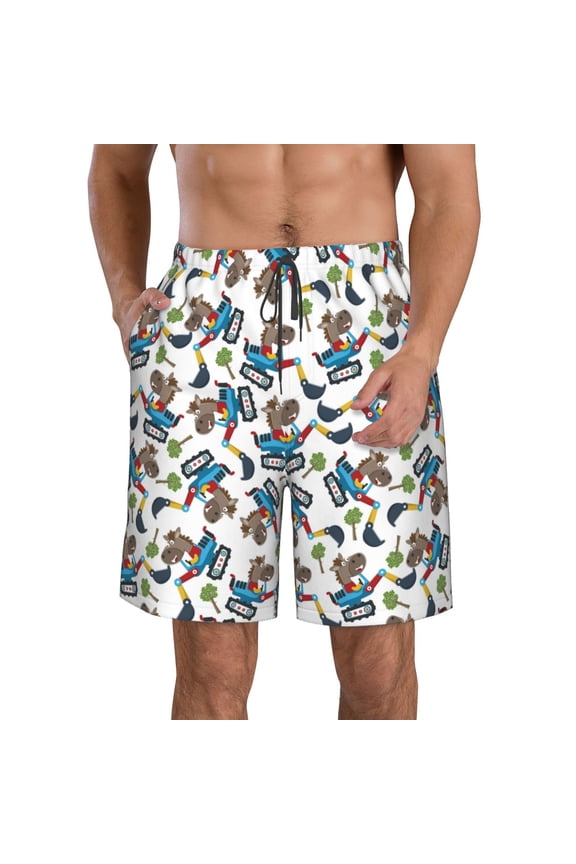 Funny Excavator Print Mens Swim Trunks Quick Dry Board Shorts,Breathable Hawaii Beach Shorts Swimwear Bathing Suits-3X-Large