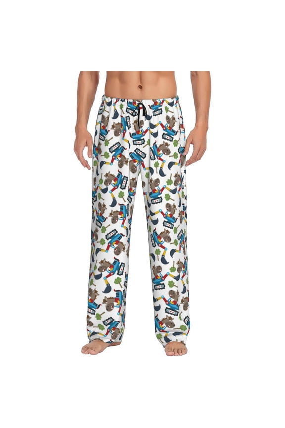 Funny Excavator Print Pajama Pants for Men,Men’s Pajama Bottoms,Mens PJ Pants with Pockets & Button Fly-Small