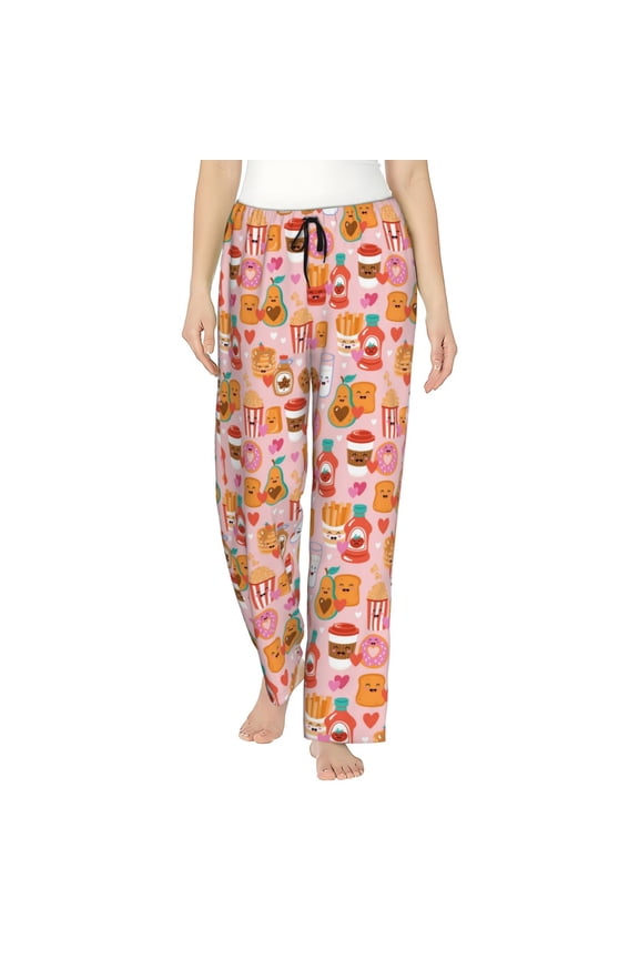 Funny Food Print Women Pajama Pants,Comfy Pj Bottom with Pockets & Drawstring,Stretch Casual Sleepwear-Small