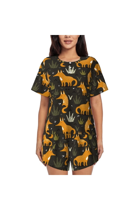 Funny Fox by the Field Print Womens Pajamas Set,Short-Sleeve Pajama 2 Piece Sleepwear with Pockets-Large