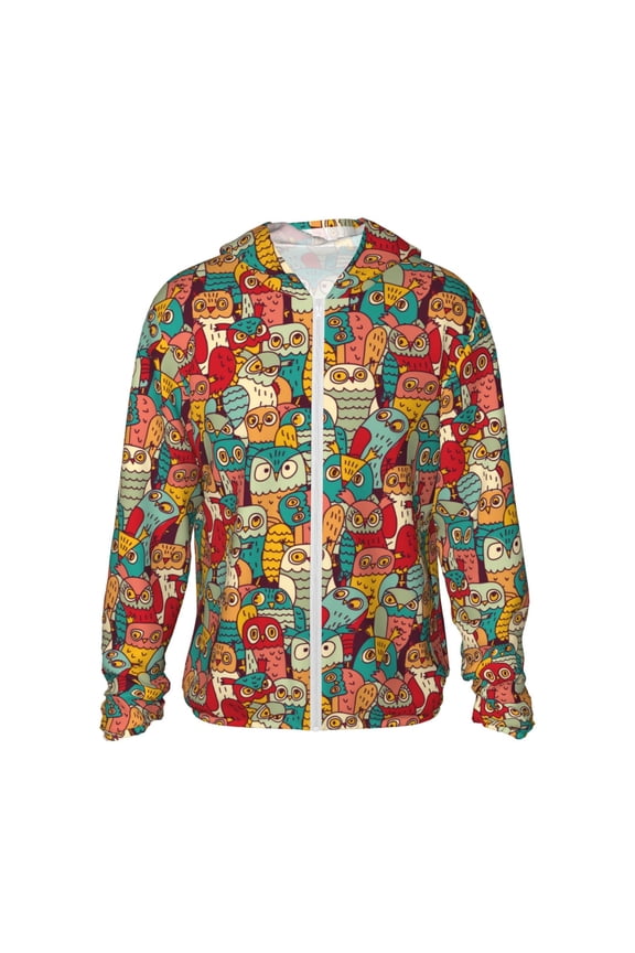Funny Owl Bird Print Men's Women Light Jacket Full Zip Sun Protection Hoodie Long Sleeve Sun Shirts for Men Hiking Fishing Zip Pockets-X-Large