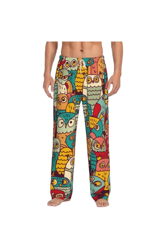Funny Owl Bird Print Pajama Pants for Men,Men’s Pajama Bottoms,Mens PJ Pants with Pockets & Button Fly-Large