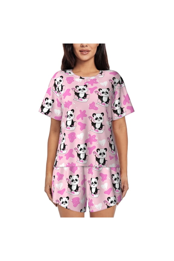 Funny Panda Draws A Heart Print Womens Pajamas Set,Short-Sleeve Pajama 2 Piece Sleepwear with Pockets-Large