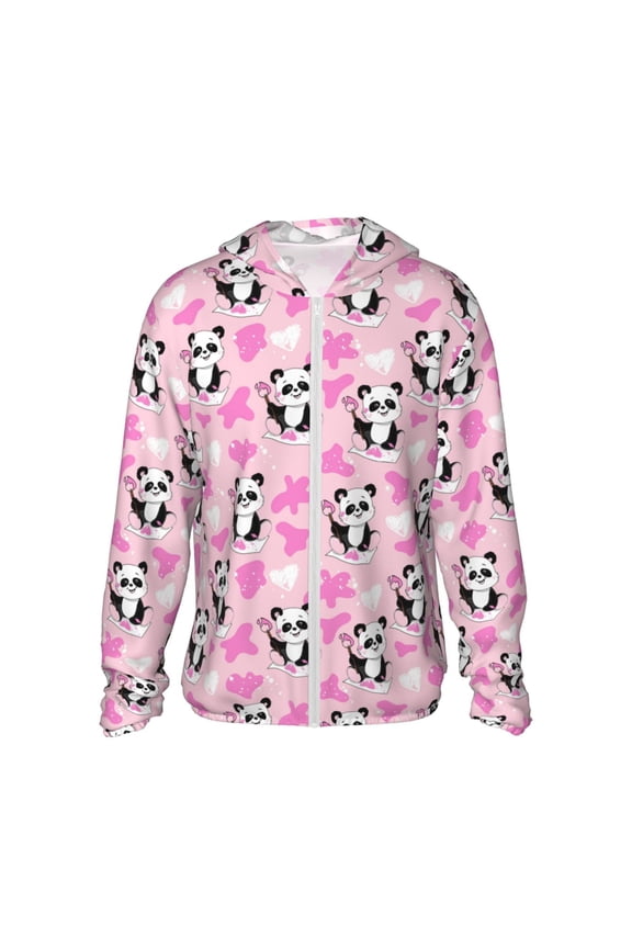 Funny Panda Draws A Heart Print Men's Women Light Jacket Full Zip Sun Protection Hoodie Long Sleeve Sun Shirts for Men Hiking Fishing Zip Pockets-Small