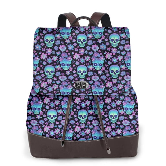 Logiee Funny Skull Flower Print Backpack Purse for Women,Fashion Leather Backpack Purse,Women's Leather Backpack for Work College Travel