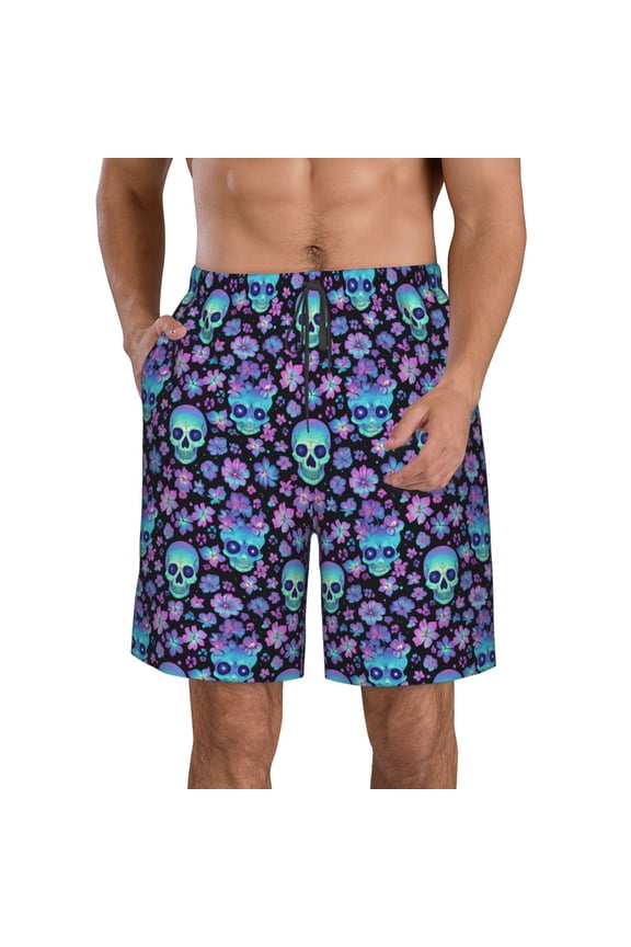 Funny Skull Flower Print Mens Swim Trunks Quick Dry Board Shorts,Breathable Hawaii Beach Shorts Swimwear Bathing Suits-Large