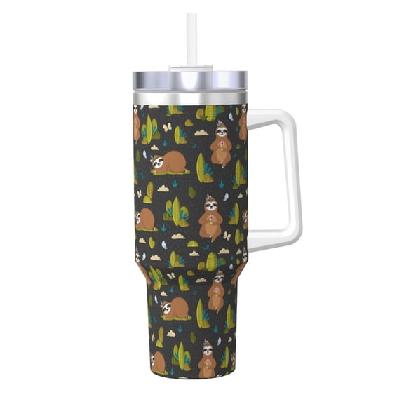 Logiee Funny Sloths In The Forest Print 40OZ Ice Bully Cup with Handle and Straw, Double Wall Stainless Steel Tumbler,Travel Coffee Cup with Lid, Summer Insulation and Cooling Cup