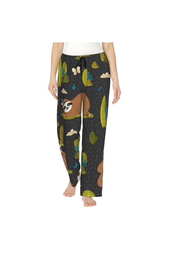 Funny Sloths In The Forest Print Women Pajama Pants,Comfy Pj Bottom with Pockets & Drawstring,Stretch Casual Sleepwear-Small