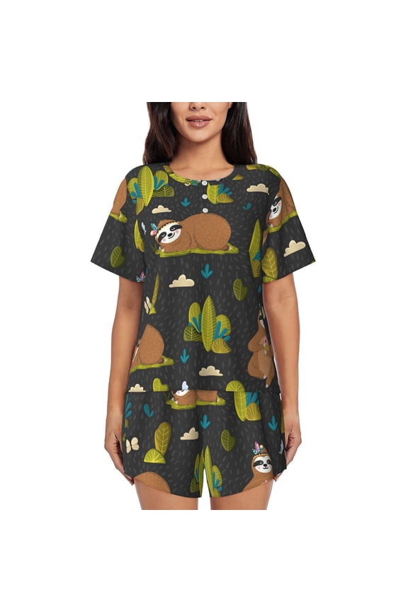 Funny Sloths In The Forest Print Womens Pajamas Set,Short-Sleeve Pajama 2 Piece Sleepwear with Pockets-Small