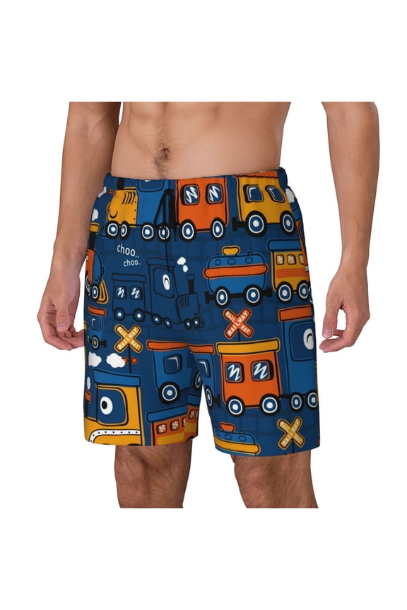 Funny Steam Train Print Men's Swim Trunk,Quick Dry Board Shorts ,Men's Swim Trunks with Compression Liner, Bathing Suits with Pockets-Large