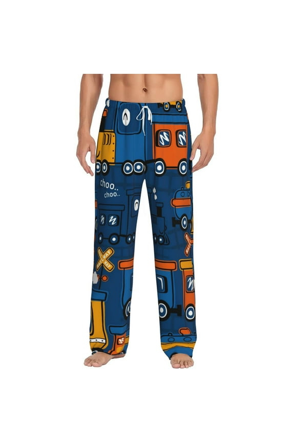 Funny Steam Train Print Pajama Pants for Men,Men’s Pajama Bottoms,Mens PJ Pants with Pockets & Button Fly-3X-Large