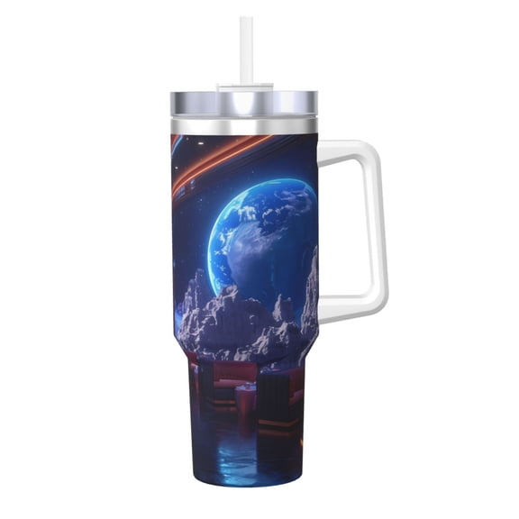 Logiee Futuristic Bar Space View Print 40OZ Ice Bully Cup with Handle and Straw, Double Wall Stainless Steel Tumbler,Travel Coffee Cup with Lid, Summer Insulation and Cooling Cup