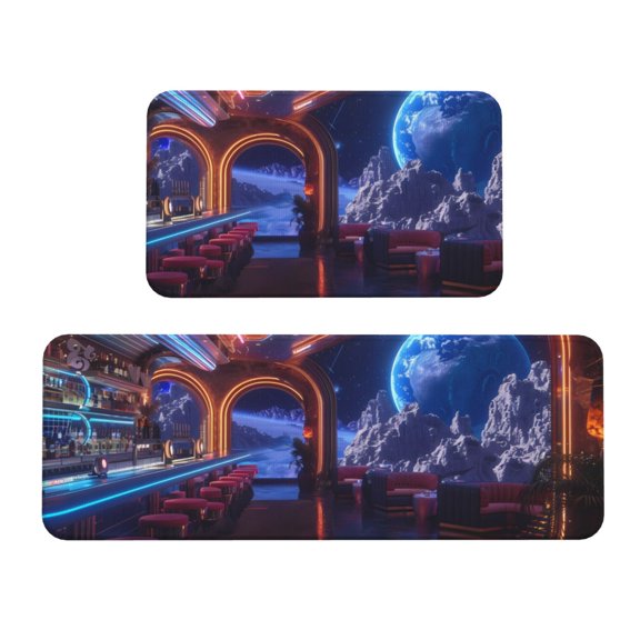 Logiee Futuristic Bar Space View Print Kitchen Mats for Floor Sets of 2,Waterproof Kitchen Rugs,Non Slip Comfort Standing Mat Rug for Home,Runner,Sink,Office,Laundry