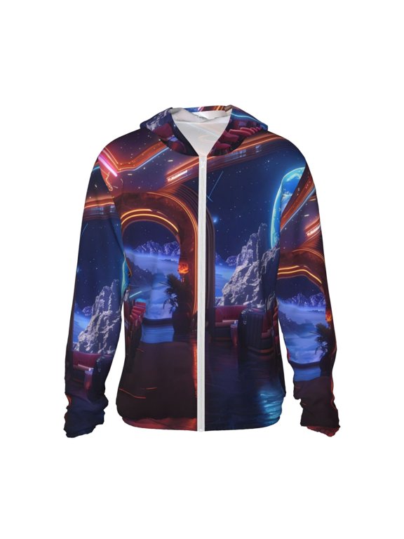 Futuristic Bar Space View Print Men's Women Light Jacket Full Zip Sun Protection Hoodie Long Sleeve Sun Shirts for Men Hiking Fishing Zip Pockets-Medium