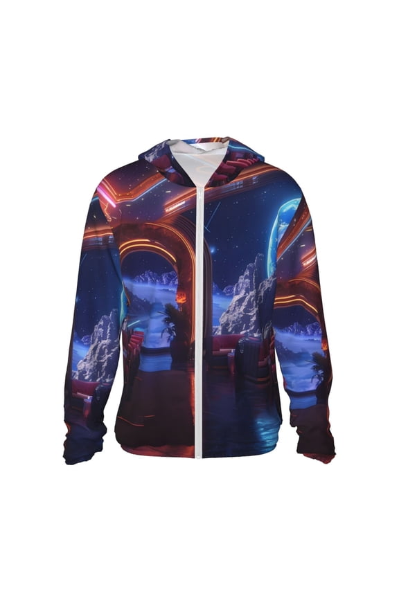 Futuristic Bar Space View Print Men's Women Light Jacket Full Zip Sun Protection Hoodie Long Sleeve Sun Shirts for Men Hiking Fishing Zip Pockets-Medium