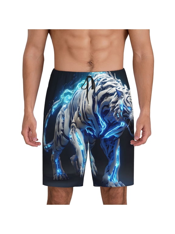 Futuristic Blue Light White Tiger Print Men's Pajama Shorts with Drawstring & Pockets,Sleep Shorts for Men,Sleepwear Bottoms,Elastic Waistband Loungewear-Large
