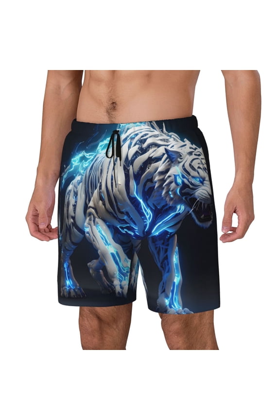 Futuristic Blue Light White Tiger Print Men's Swim Trunk,Quick Dry Board Shorts ,Men's Swim Trunks with Compression Liner, Bathing Suits with Pockets-Medium