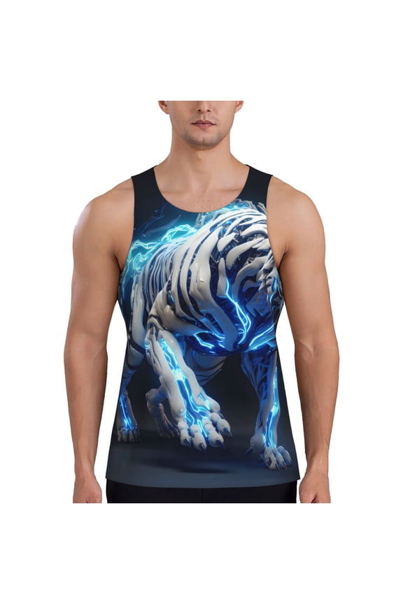 Futuristic Blue Light White Tiger Print Men's Workout Tank Top,Quick Dry Workout Tank Top,Gym Muscle Tee,Fitness Bodybuilding Sleeveless T Shirt-Large
