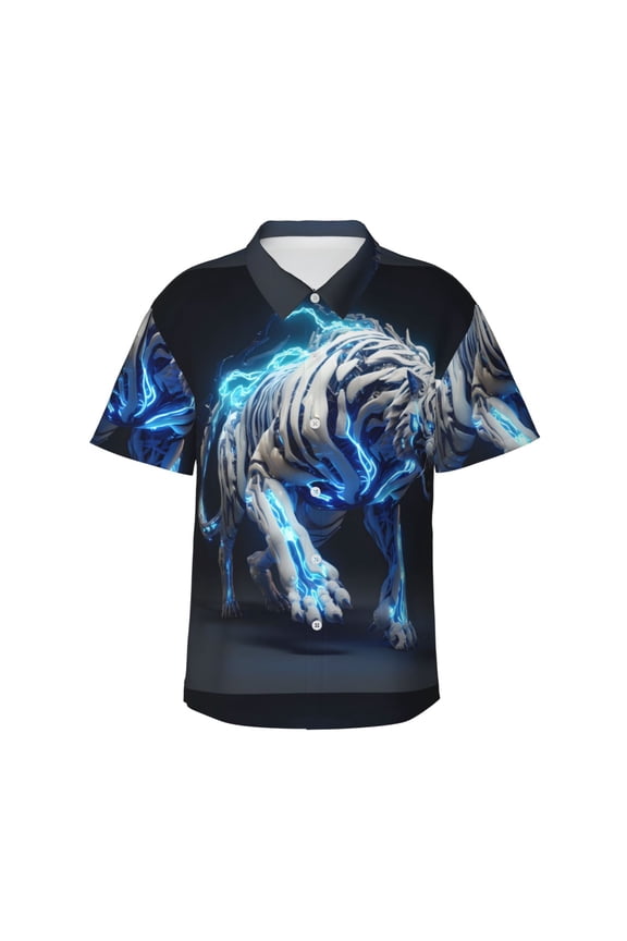Futuristic Blue Light White Tiger Print Mens Hawaiian Shirts,Loose-Fit Short Sleeve Button Down Tropical Aloha Beach Shirt,Summer Vacation Wedding Tops,