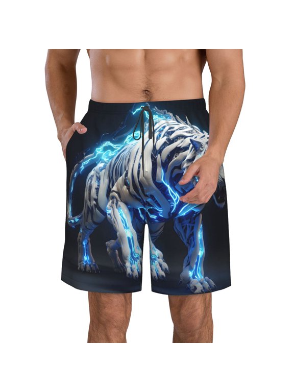 Futuristic Blue Light White Tiger Print Mens Swim Trunks Quick Dry Board Shorts,Breathable Hawaii Beach Shorts Swimwear Bathing Suits-3X-Large
