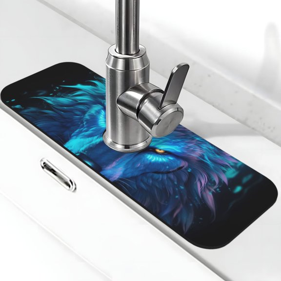 Logiee Futuristic Blue Light Wolf Print Kitchen Sink Splash Guard Faucet Mat for Splash Guard Behind Faucet Drip Catcher for Kitchen,Bathroom,Sink Mat,Dish Drying Mat,Bathroom-15" X 5.5"