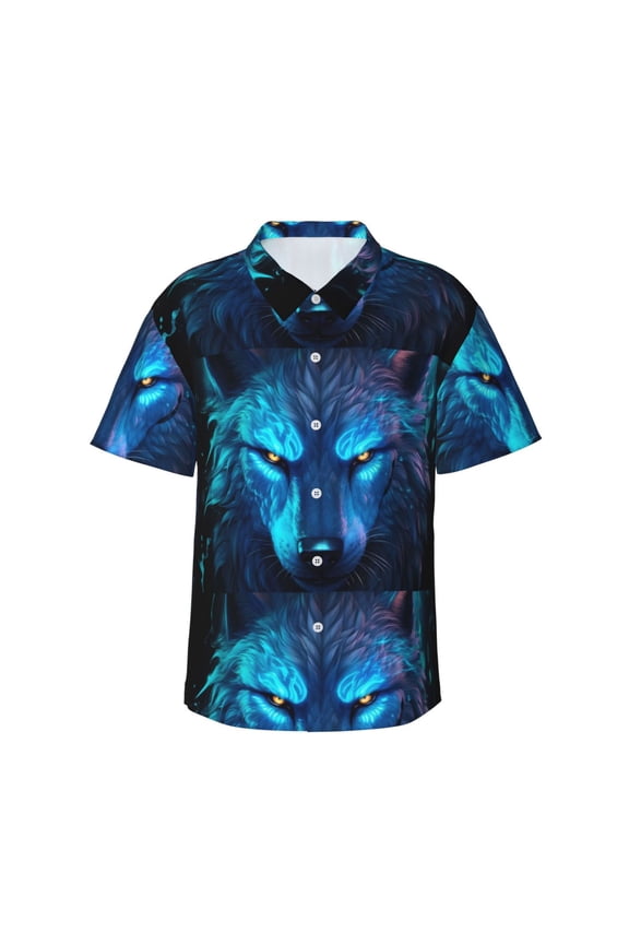 Futuristic Blue Light Wolf Print Mens Hawaiian Shirts,Loose-Fit Short Sleeve Button Down Tropical Aloha Beach Shirt,Summer Vacation Wedding Tops,Large