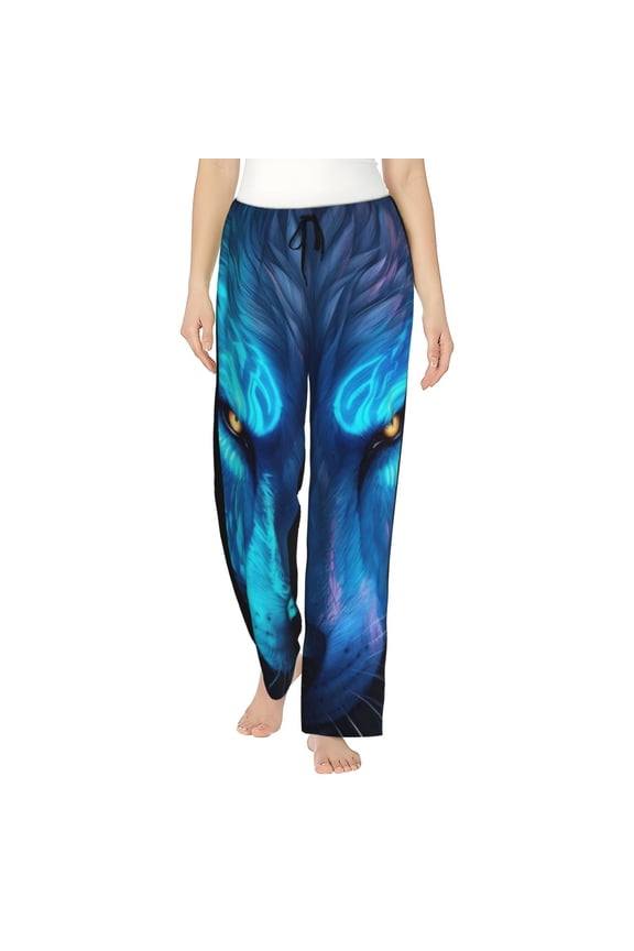 Futuristic Blue Light Wolf Print Women Pajama Pants,Comfy Pj Bottom with Pockets & Drawstring,Stretch Casual Sleepwear-Large