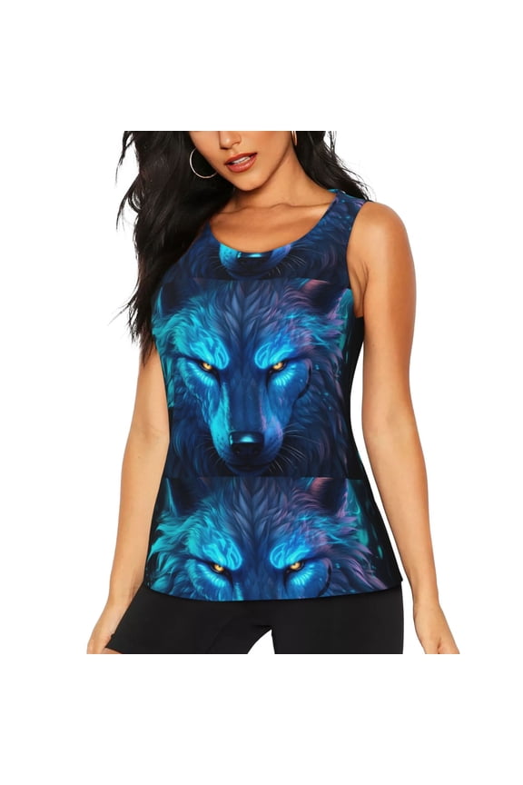 Futuristic Blue Light Wolf Print Women's Workout Tank Top, Dry Fit Summer Tank Top,Gym Yoga Workout Sports Tee,Sleeveless Athletic Shirts-Medium