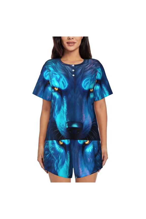 Futuristic Blue Light Wolf Print Womens Pajamas Set,Short-Sleeve Pajama 2 Piece Sleepwear with Pockets-Medium