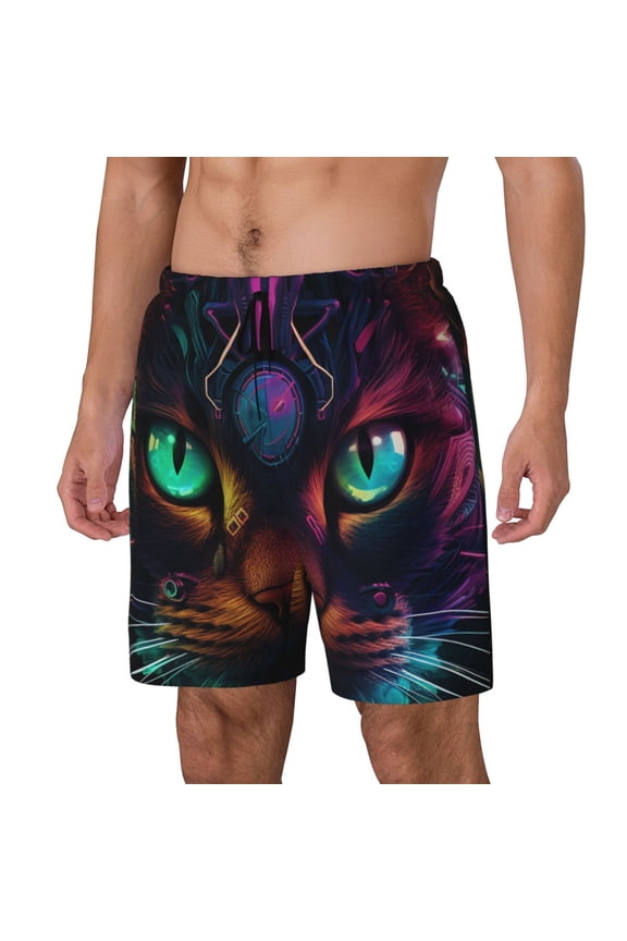 Futuristic Cat Warrior Print Men's Swim Trunk,Quick Dry Board Shorts ,Men's Swim Trunks with Compression Liner, Bathing Suits with Pockets-Small