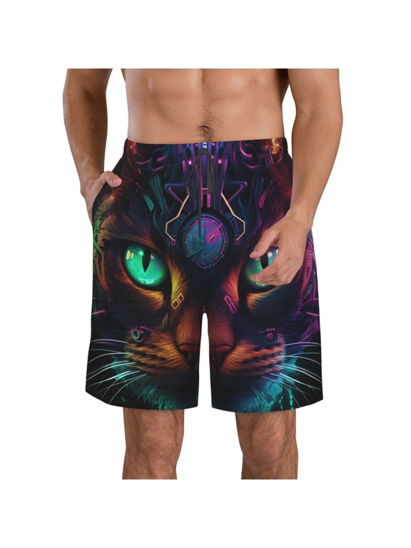 Futuristic Cat Warrior Print Mens Swim Trunks Quick Dry Board Shorts,Breathable Hawaii Beach Shorts Swimwear Bathing Suits-Small
