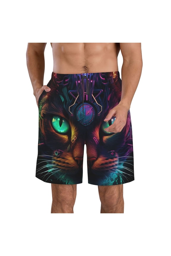 Futuristic Cat Warrior Print Mens Swim Trunks Quick Dry Board Shorts,Breathable Hawaii Beach Shorts Swimwear Bathing Suits-Small